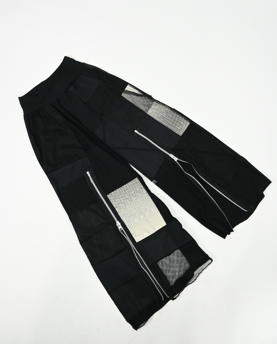 JUDAS' BLACK patch-work wide leg zip pants (Small)